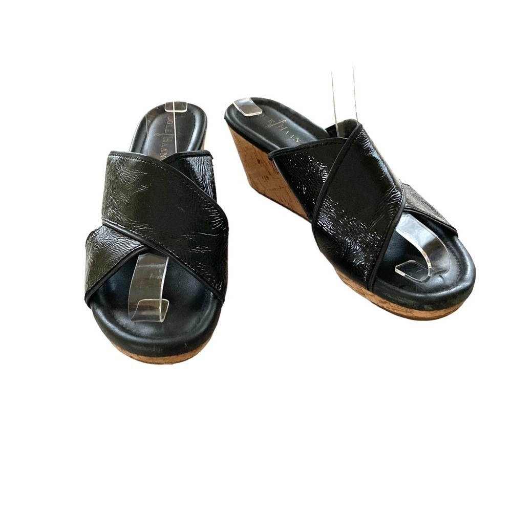Cole Haan Black Patent Leather Cork Wedge Mule Style Sandals